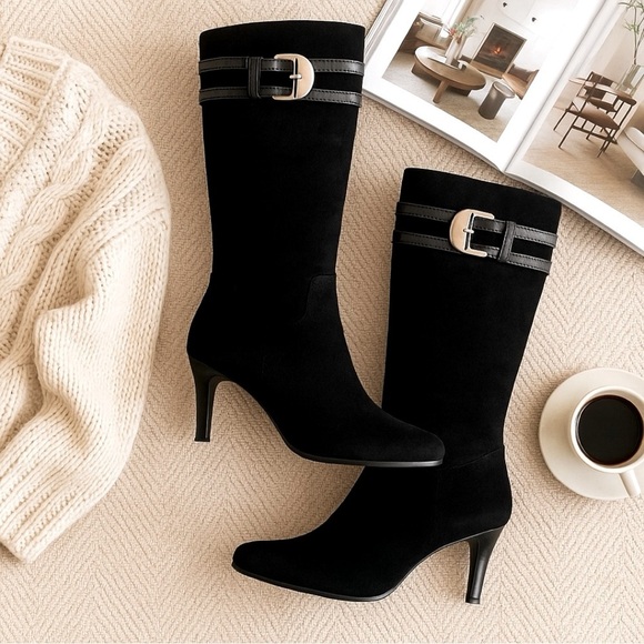 Cole Haan Black High Heel Knee-High Nicole Air Boots Buckle Detail Size 8.5 - Picture 1 of 13